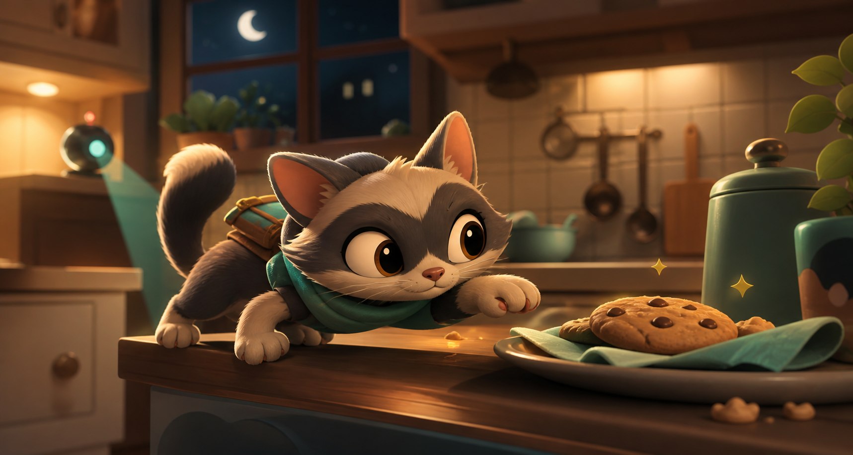 Paw Heist pets preparing a cozy nighttime heist.