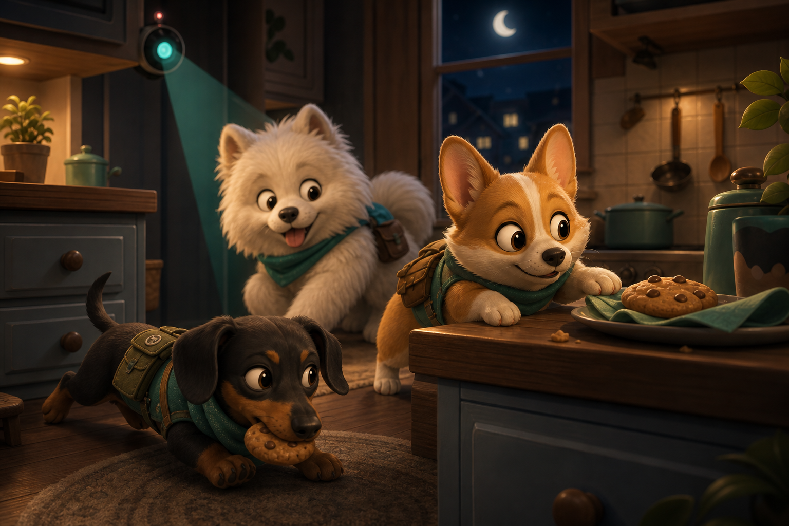 Stylized Paw Heist image of a Samoyed, corgi, and dachshund sneaking through a cozy kitchen.