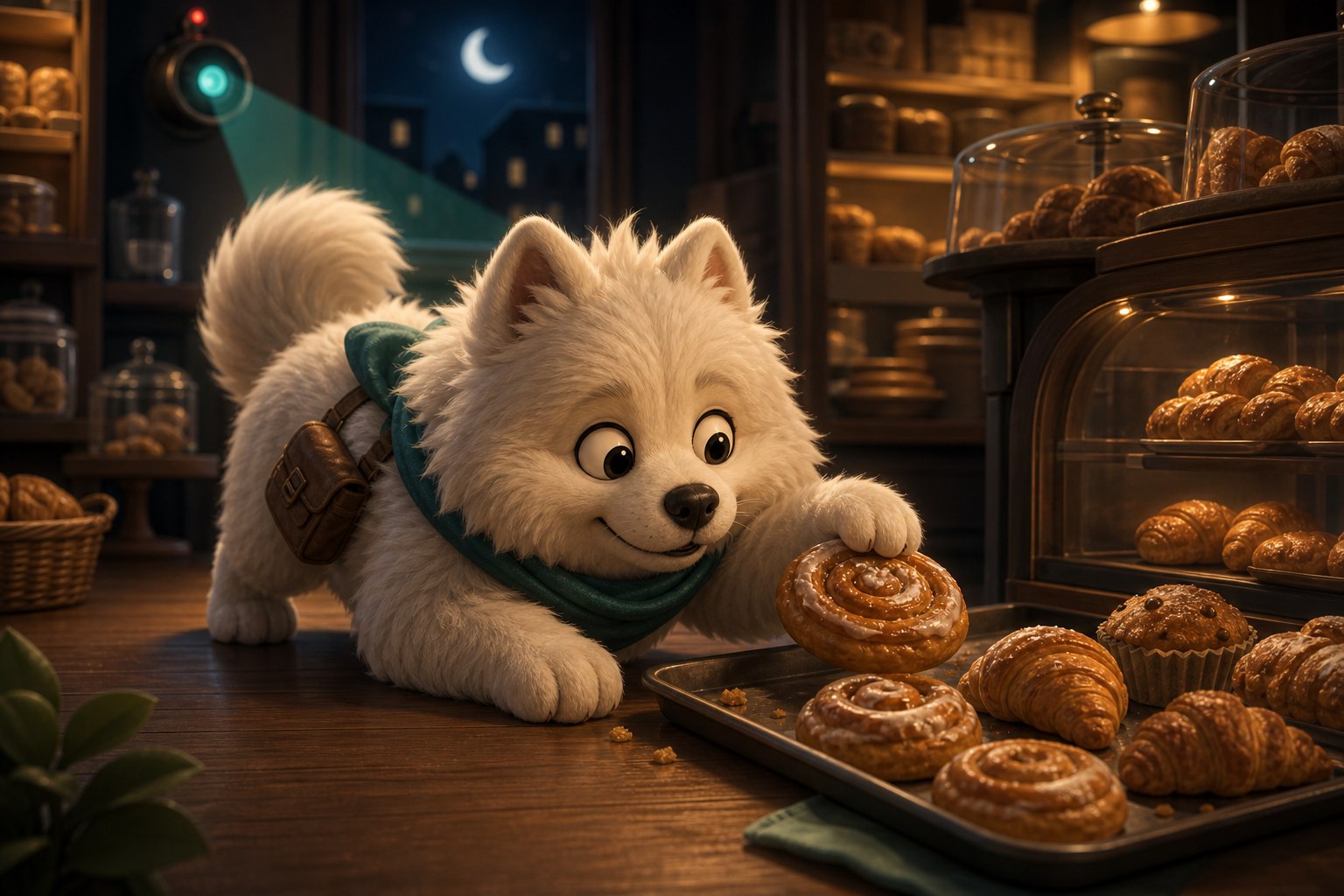 Samoyed sneaking pastry in Paw Heist.
