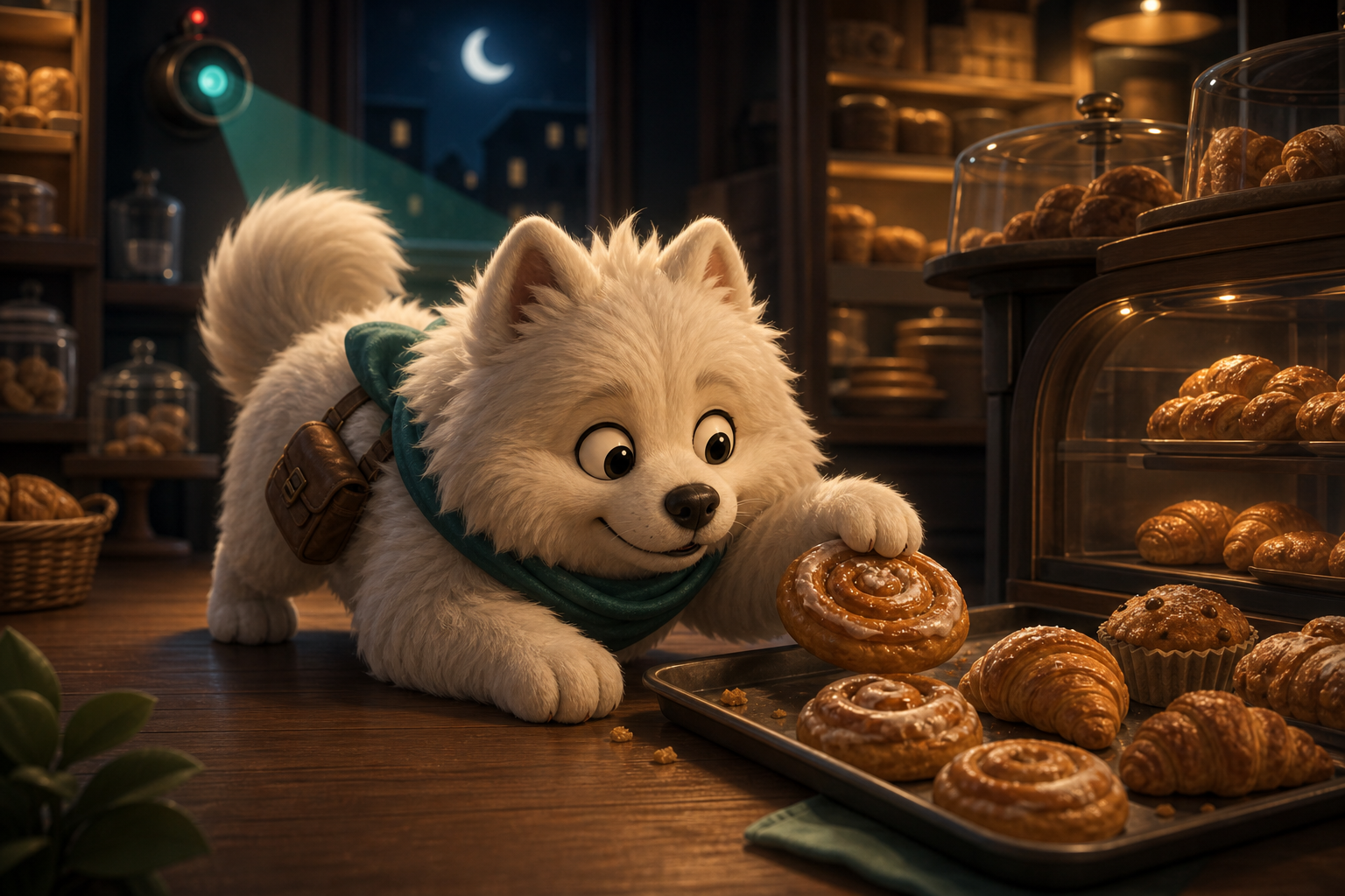 Stylized Paw Heist image of a Samoyed stealing a pastry in a moonlit bakery.
